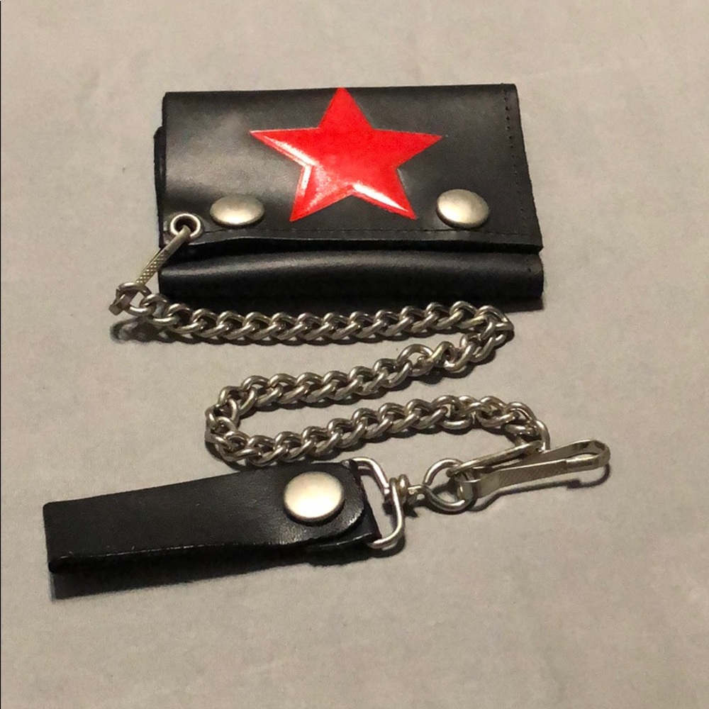 Red star embossed & printed biker leather wallet.